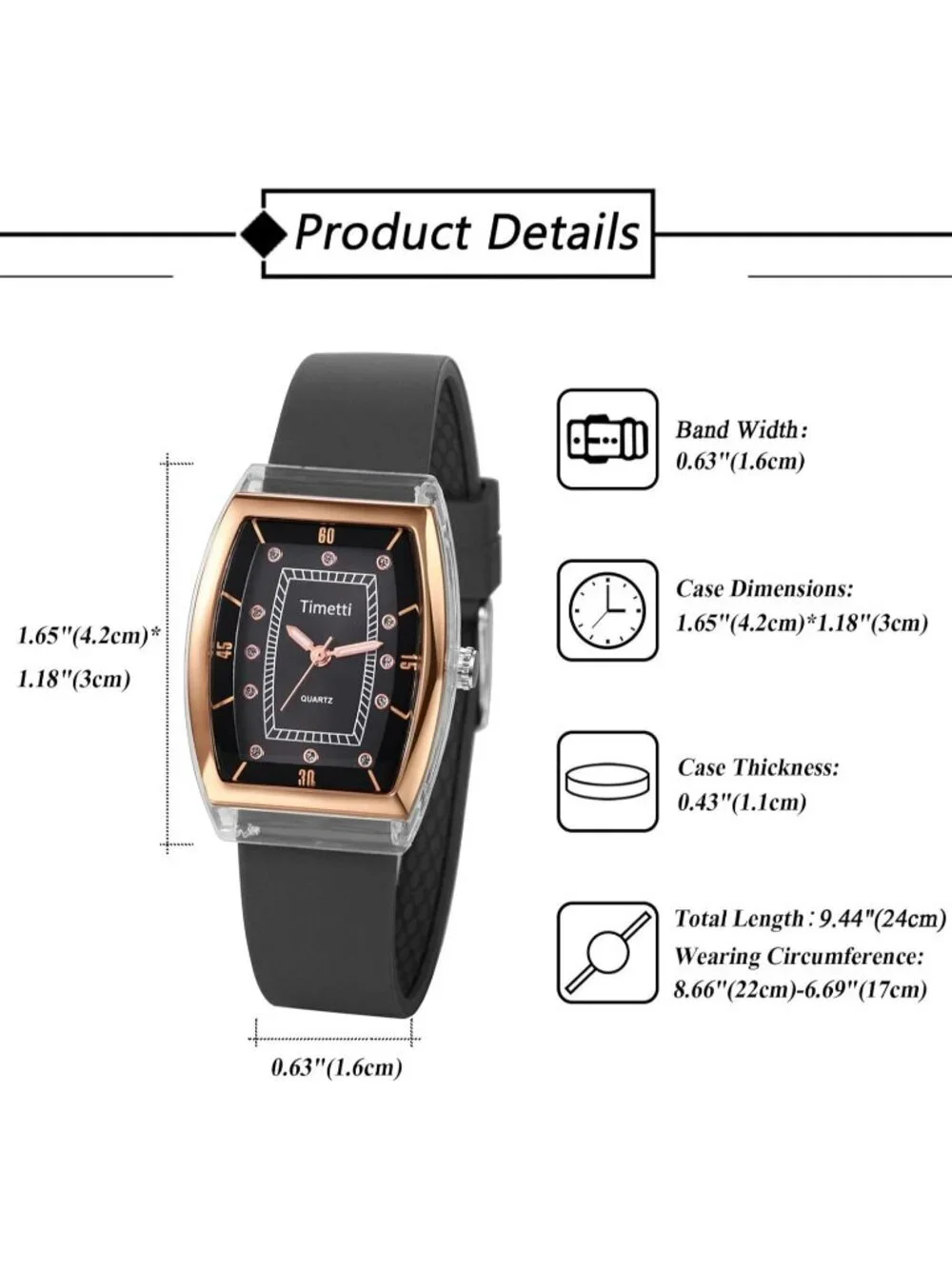 Women's Black Analog Quartz Tonneau Dial Adjustable Band Silicone Wrist Watch